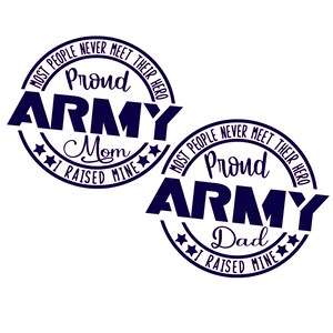 May include: Two blue and white circular designs with the text "Most people never meet their hero. Proud Army Mom/Dad I raised mine."
