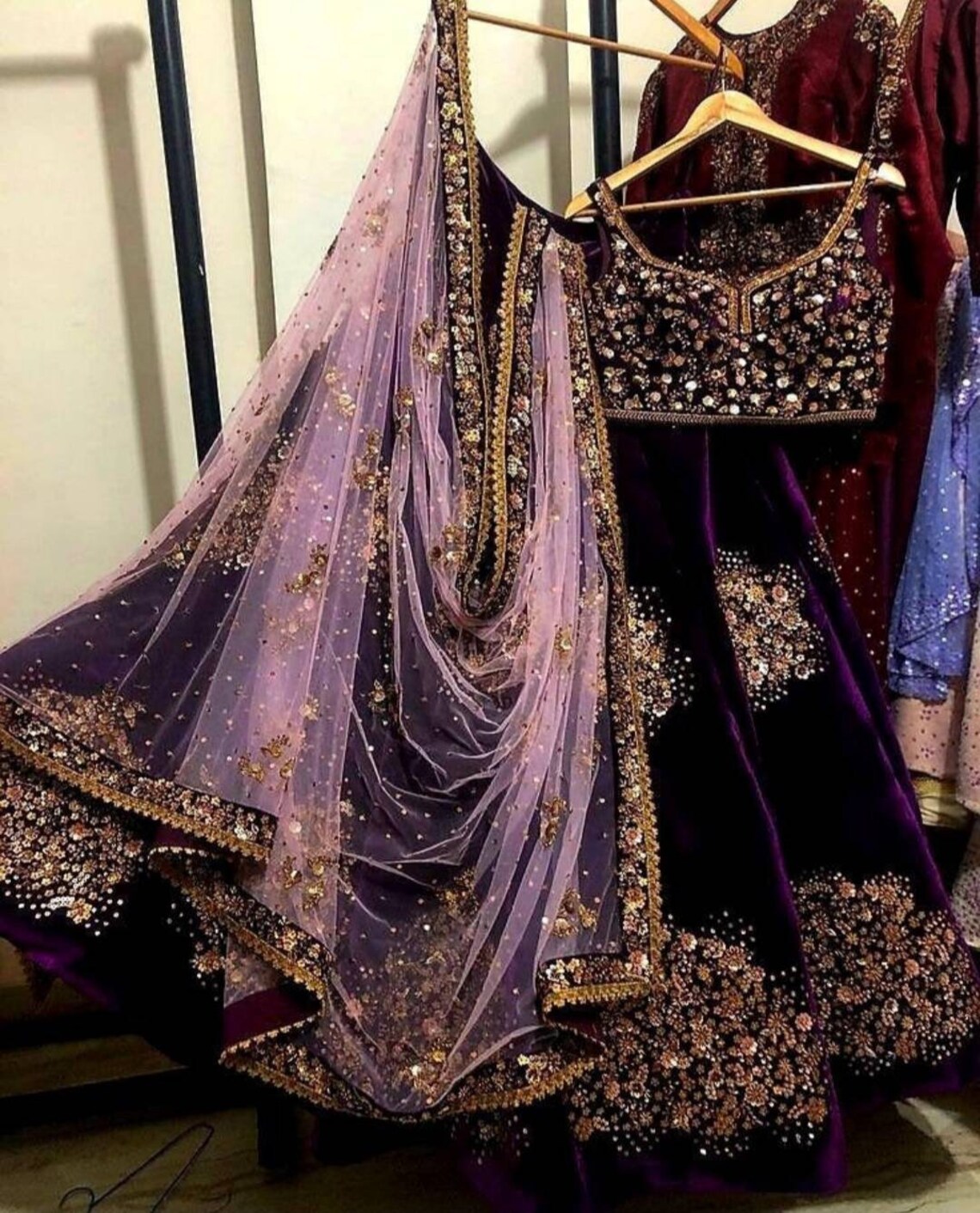 Designer indian velvet full embroidery lehenga choli for Etsy