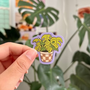 May include: A sticker of a potted plant with green leaves and a brown and white checkered pot. The sticker is on a purple background.