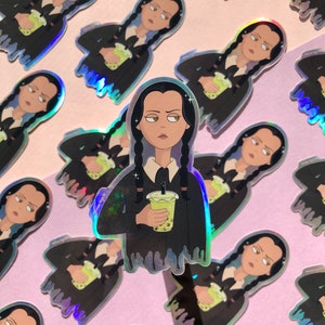 MItday Addams Boba Aufkleber - Vinyl Aufkleber, digitale Kunst, spooky, Halloween, Illustration, Bubble Tea, Kawaii, addams Familie