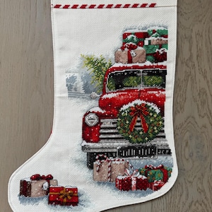 Completed/finished personalised Christmas stocking cross-stitch Santa’s truck red car