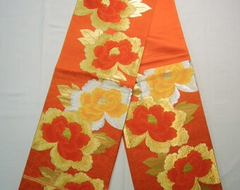 SF96 Vintage Japanese Orange Woven Floral Meisen with White Embroidery on Silk
