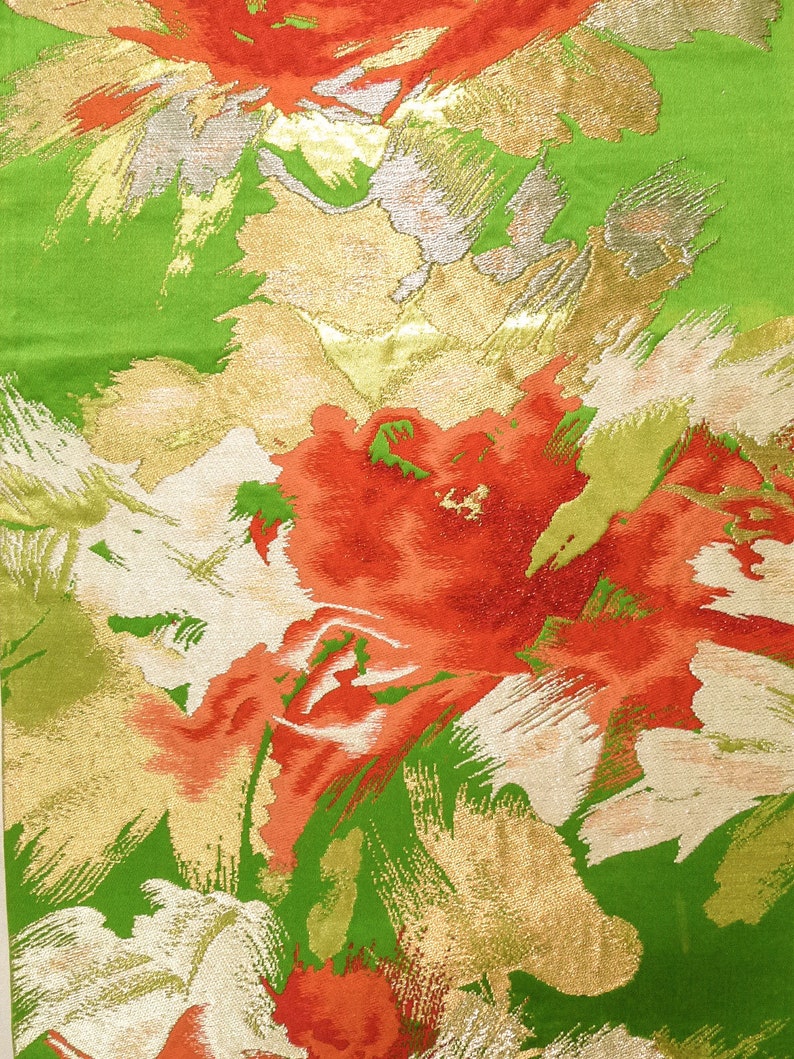 K0224P Vintage Japanese Kimono Yellowish Green FUKURO OBI sash Abstract pattern Silk. Grade B