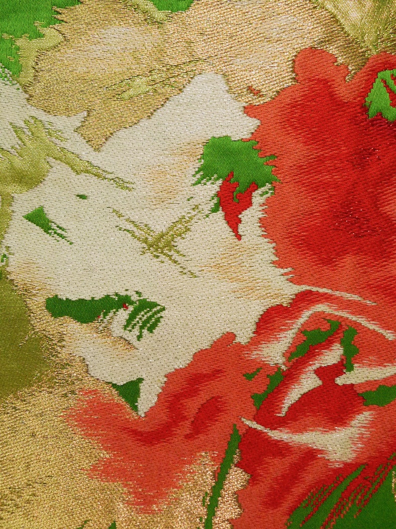 K0224P Vintage Japanese Kimono Yellowish Green FUKURO OBI sash Abstract pattern Silk. Grade B