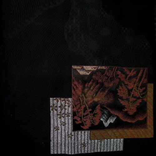 Used Japanese women Black HAORI short jacket / Silk. Landscape(L0324N shops / Grade B)