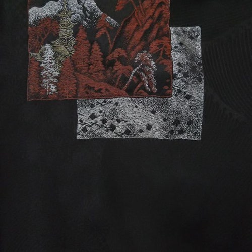Used Japanese women Black HAORI short jacket / Silk. Landscape(L0324N shops / Grade B)