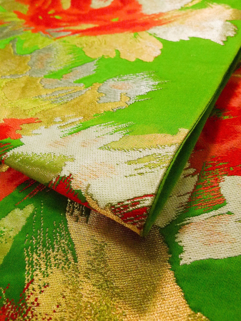 K0224P Vintage Japanese Kimono Yellowish Green FUKURO OBI sash Abstract pattern Silk. Grade B