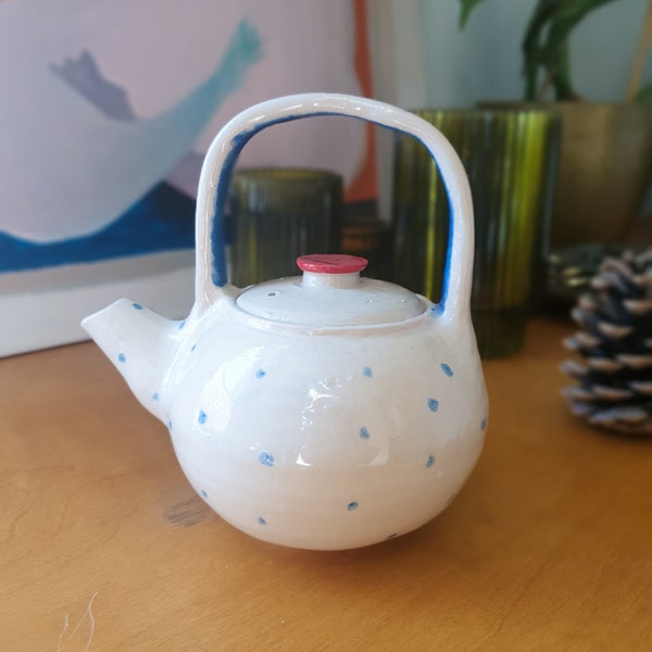 ceramic teapot, tea kettle, small teapot, blue dots, handmade teapot, pottery teopot,minimal teapot