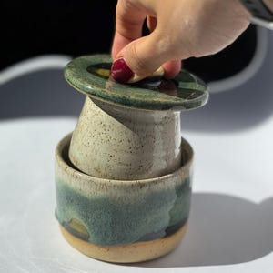 Handmade ceramic water butter dish. Green glaze, dishwasher safe.