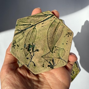 May include: Hexagonal ceramic coasters with a leaf design. The coasters are a light tan color with green leaf imprints and accents. The coasters are held in a hand.