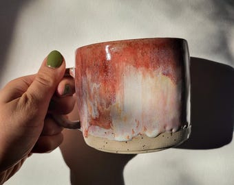 LARGE, 400 ml stoneware, speckled clay, pink and white ceramic cup, pottery, coffee cup, handmade cup, floating glaze, big mug, christmas gift