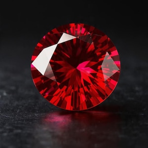May include: A vibrant, round, red gemstone with a faceted cut, displayed against a dark backdrop. The gem's internal structure is highlighted by the way it reflects light. The text "GREATGEMS TREASURES" is at the bottom.