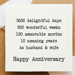 Carte 10 ans, carte pour lui, carte pour elle, joyeux anniversaire, carte pour partenaire, femme, mari, petite amie, dix ans, 10 ans