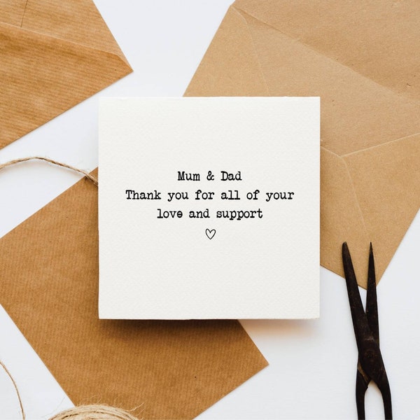 Thank you mum and dad card, wedding day, bride and groom, thanks, love and support, grateful, appreciation card, wedding party,