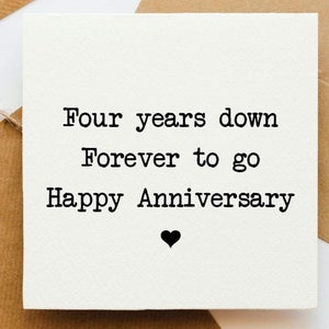 Tarjeta de aniversario de cuatro años, tarjeta para ella, tarjeta para él, tarjeta para novio, tarjeta para novia, tarjeta romántica, tarjeta de amor, 4 años,