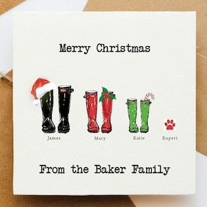 Welly boots familiekerstkaart, laarzenkaart, wenskaart, gepersonaliseerde kaart, blanco kaart, landbouwkaart, rubberlaarzen,