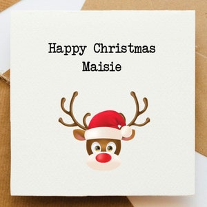 Gepersonaliseerde kerstkaart voor kinderen, rendier, rode neus kerstkaart, wenskaart, gepersonaliseerde kaart, blanco kaart, kaart voor kind,