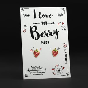 Erdbeere Ohrstecker 925 Sterlingsilber handgemacht Obst Frucht, love and friendship symbol, das perfekte Geschenk für Sie mit süßem Spruch
