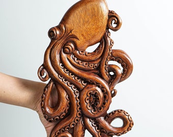 Escultura de pulpo colgante, estatua colgante, tallado en madera, vida marina, pulpo de madera, decoración para sala de estar,