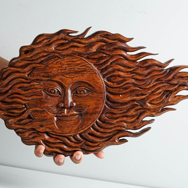 Decoración de la pared de la cara del sol de madera, tallado en madera, arte de la pared, estatuilla de la cara del sol, estatua única, hecha a mano, decoración del hogar, regalo de cumpleaños, regalo para él