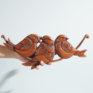 Three Little Birds on a Tree Branch Wall Decor, Wall Art, Wooden Statue, Tropical Decor, Wedding Decor, Handmade Sclupture, Family Gift