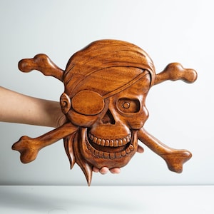 Danger Pirate Skull with CrossBone Wall Art, Wooden Skull Wall Decor, Wall Hangings, Wood Carving, Handmade Decoration, Memorial Gift