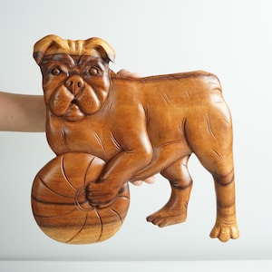 Dog Playing with Ball Wall Art, Wooden Sculpture, Puppy, Animal Ornament, Handcrafted, Hanging Decor, Gallery Wall, Gift for Dog Lover