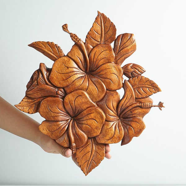 Décoration florale d'hibiscus, hibiscus en bois, art mural hibiscus, sculpture sur bois, décoration florale, tenture murale hibiscus, décoration de chambre à coucher, cadeau pour femme