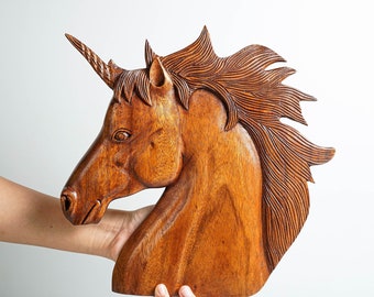 Wooden Unicorn Head Wall figurine, Hand Carved, Horse Wall Decor, Wall Hangings, Wall Art, Mythical Creature, Animal Decor, Special Gift
