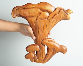 Decoración con setas Cantharellus Cibarius, tallada en madera, tallada a mano, arte mural con setas, seta para colgar en la pared