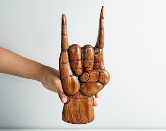 Rock and Roll Hand Sign Wall Decor, Wood Carving, Hand Carved, Wood Wall Art, Wall hanging, Wooden Hand Sign, Home Decor, Gift for Her