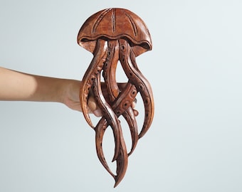 Jellyfish Wall Art, Wood Carving, Marine Life, Ornament, Beach Art, Fish Statue, Coastall Wall Art, Room Decoration
