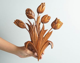 Wooden Tulip, Wall Hangings, Wooden Flower, Wood Carving Wall Art, Flower Sculpture, Hand Carved, Unique Statue, Home Decor, Gift for Her