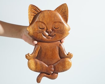Cat Yoga Wall Decor, Cat Wall Art, Hanging Cat Decor, Artwork, Figurine, Cute Sculpture, Wooden Cat, Meditation, Interior Decor, Mama Gift