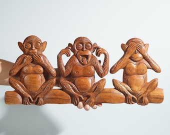 Drei weise Affen Wandkunst, handgeschnitzt, Wanddekor, Kunstwerk, Tierverzierung, handgefertigte Statue, Holzschnitzerei-Wandkunst, Familiengeschenke