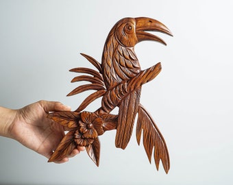 Parrot Wall Decor, Wood Carving, Wall Ornament, Hanging Art, Bird Statue, Natural Piece, Interior Decor, Gift for Dad, Birthday Gift