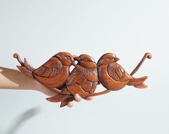 Three Little Birds on a Tree Branch Wall Decor, Wall Art, Wooden Statue, Tropical Decor, Wedding Decor, Handmade Sclupture, Gift for Her