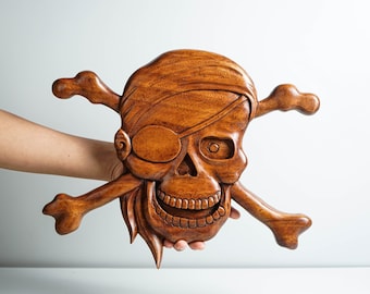 Danger Pirate Skull with Cross Bone Wall Art, Wooden Statue, Hanging Sculpture, Wood Carving, Handmade Decoration, Christmas Gift