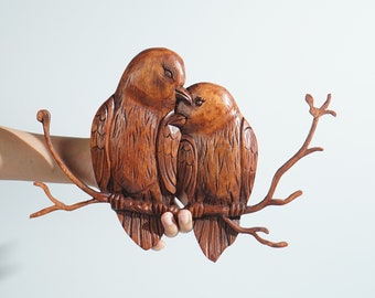 Vogels op een boomtak muur decor, kunst aan de muur, houten standbeeld, uniek decor, handgemaakt decor, interieurdecoratie, bruiloft decor, cadeau paar