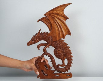 木製龍像、壁掛けアート、中国龍、神秘的な動物、木彫り、アート作品