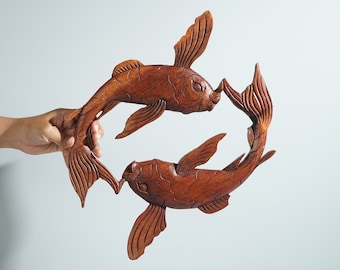 Koi muurdecoratie, vis muurkunst, yin yang, houten standbeeld, houtsnijwerk muurkunst, handgemaakt, interieurdecoratie, cadeau voor stel, jubileumcadeau