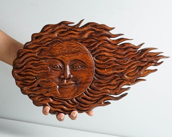 Wooden Sun Face Wall Decor, Wood Carving, Figurine, Unique Statue, Handcrafted, Birthday Gift, Gift for Him, Christmas