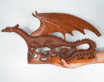 Flying Dragon Wall Statue, Hanging Dragon, Wing, Mystical Animal, Handcrafted, Wood Carving Wall Art, Room Decoration, Gift for friend