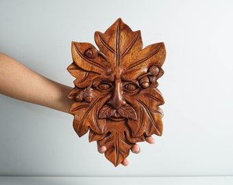 Green Man Wall Art, Wood carving, Wood Wall Art, Figurine, Unique Statue, Handcrafted, Home Decor, Halloween Decor, Grandfather Gift