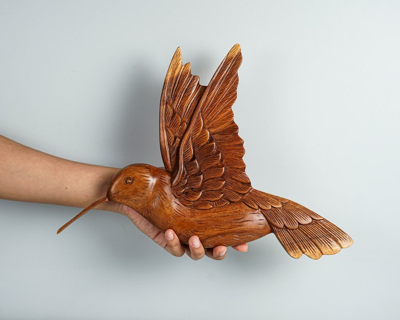 Hummingbird Wall Art, Wooden Bird Statue, Handmade Sculpture, Wood Carving, Decorative, Nursery Decor, Gift for Mom, Gift for friend image 1