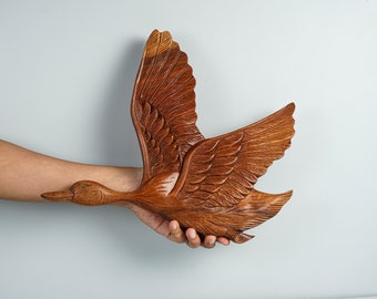 Arte mural de pato volador, estatua de pájaro de madera, escultura única, decorativa, talla de madera, decoración infantil, decoración de habitaciones, regalo de Navidad