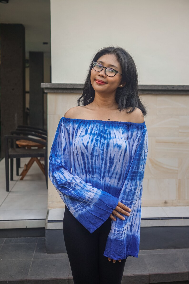 Mother/'s Day Gift Holiday Summer Off The Dress Loose Top Shibori Pattern Hand Tie Dye Dress Sabrina Blouse Long Sleeve Indigo