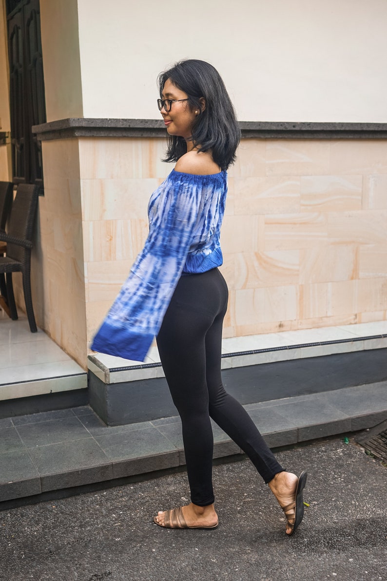 Mother/'s Day Gift Holiday Summer Off The Dress Loose Top Shibori Pattern Hand Tie Dye Dress Sabrina Blouse Long Sleeve Indigo