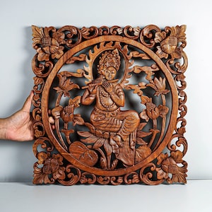 Lord Krishna Wall Hanging, Hindu God Ornament, Spiritual Wall Art, Ganesha Art, Wood Carving, Meditation Decor, Interior Decor, Mother Gift