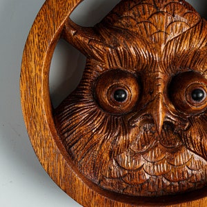 May include: A circular wooden wall carving featuring a detailed owl face with prominent, dark, round eyes and intricate feather textures. The natural brown wood grain is visible throughout the piece, showcasing deep, carved lines and a smooth finish.